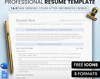 Può includere: Un modello di curriculum vitae professionale con una penna d'oro, una graffetta e il logo Canva. Il curriculum include sezioni per esperienza professionale, esperienza lavorativa e informazioni di contatto. Il testo include "1 & 2 PAGE VERSION | COVER LETTER | REFERENCES | BONUS" e "FREE ICONS".