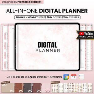 May include: A digital planner with a pink marble background. The planner includes 100+ covers, 15,000+ stickers, and links to Google and Apple calendars. The text "DIGITAL PLANNER" is displayed in white on the cover.