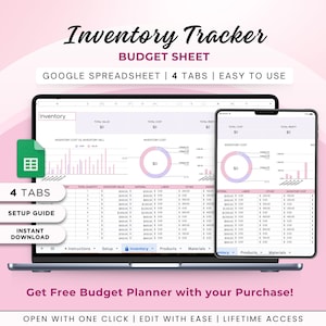 May include: A computer screen displaying a Google spreadsheet template for inventory tracking. The spreadsheet has four tabs: Inventory, Products, Materials, and Setup. The spreadsheet includes a chart showing inventory cost versus inventory value, a pie chart showing inventory cost, and a table with columns for total quantity, inventory value, material, labor, other, revenue, and inventory cost. The spreadsheet is titled "Inventory Tracker Budget Sheet" and the text "Google Spreadsheet | 4 Tabs | Easy to Use" is below the title. The text "Get Free Budget Planner with your Purchase!" is at the bottom of the screen. The text "Open with One Click | Edit with Ease | Lifetime Access" is below the text "Get Free Budget Planner with your Purchase!"