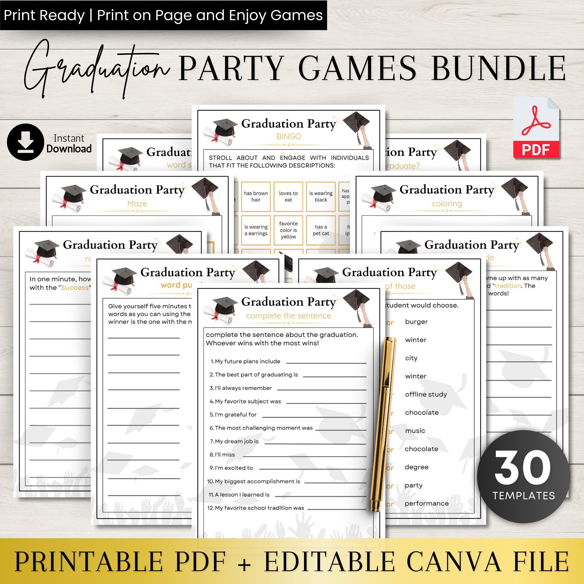 Graduation Party Games Bundle, Printable Activity Sheets, Class of 2026 ...