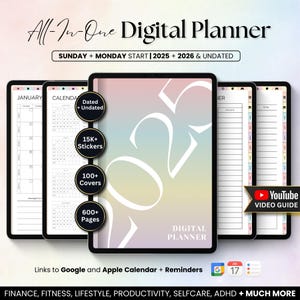 Digitale alles-in-één planner 2025-2026: dagelijks, wekelijks en maandelijks (digitale download)