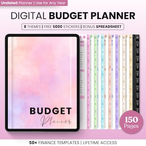 May include: Digital budget planner with 8 themes, 5000 free stickers, and a bonus spreadsheet. The planner has a watercolor background and the text "BUDGET Planner" is displayed on the cover. The planner has 150 pages and includes 50+ finance templates.