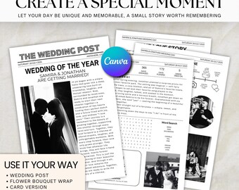 Plantilla de programa de periódico de bodas: Diseño editable en Canva (descarga digital)