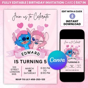 Lilo and Stitch Birthday Invitation: Editable Canva Template (5x7 in, Digital Download