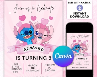 Invitación de cumpleaños de Lilo y Stitch: Plantilla editable de Canva (13 x 18 cm, descarga digital)