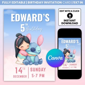 Editable Stitch Invitation, Custom Printable Stitch Party Invite Template, Stitch Birthday Invite, Digital Stitch Birthday Girl Canva Edit