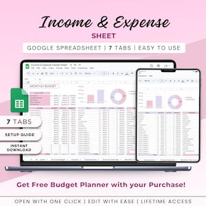 Könnte beinhalten: Ein Screenshot einer Google-Tabelle mit dem Titel "Einkommen & Ausgabenübersicht". Die Tabelle hat 7 Registerkarten und ist einfach zu bedienen. Sie ist so konzipiert, dass Benutzer ihre Einnahmen und Ausgaben verfolgen können. Die Tabelle enthält eine Registerkarte für das monatliche Budget, eine Registerkarte für das jährliche Budget, eine Registerkarte für das Einkommen, eine Registerkarte für Transaktionen, eine Registerkarte für die jährliche Übersicht und eine Registerkarte für die monatliche Übersicht. Die Tabelle enthält außerdem eine Einrichtungsanleitung und eine Option zum sofortigen Herunterladen.