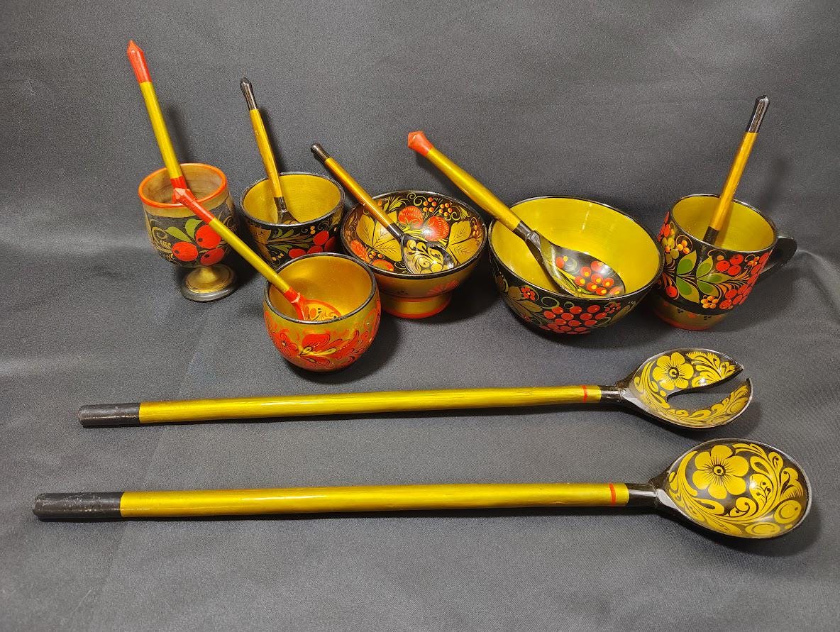 Vintage Russian Khokhloma Wooden Spoon & Bowl Set – Hand-Painted Folk Art, Traditional Red Gold Black Cups, Bowls and Salad Servers