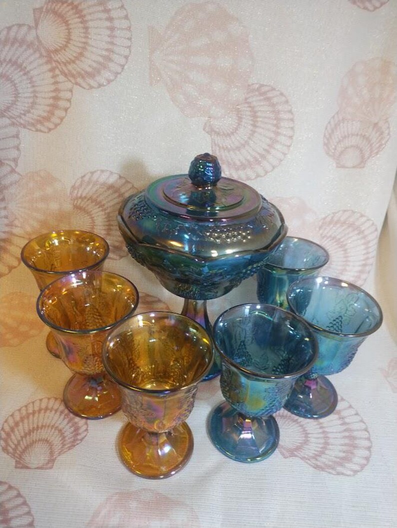 Vintage Carnival Glass Grape Pattern Goblets & Lidded Candy Dish Set ...