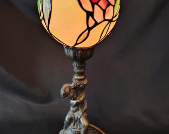Vintage Cherub Table Lamp with Stained Glass Tulip Shade – Art Nouveau Style Accent Light – Romantic Victorian Decor