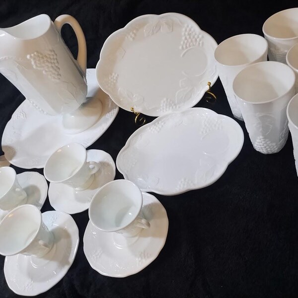 Vintage Milk Glass Grape Pattern Dinnerware (Snacks) Set–Cups Saucers Pitcher & Tumblers Drinkware Cup Mug Glasses Barware Flute Stemware