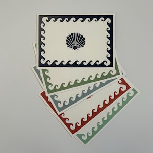 Juego de tarjetas con notas de pergamino y concha de Vitrivio, papelería impresa en linóleo, tarjeta de agradecimiento, juego de escritura de cartas, tonos verde y azul