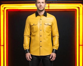 Handmade Yellow Leather Shirt & Black Pants Outfit: Gothic Punk Cosplay