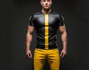 Handmade Two-Tone Leather Outfit: Black & Yellow Designer Shorts and T-Shirt