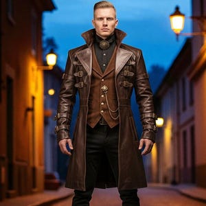 Brown Steampunk Leather Trench Coat: Vintage Gothic Style, Handmade