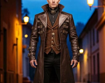 Brown Steampunk Leather Trench Coat: Vintage Gothic Style, Handmade