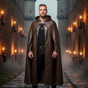 Handmade Brown Leather Hooded Cloak: Gothic Medieval Cosplay Costume