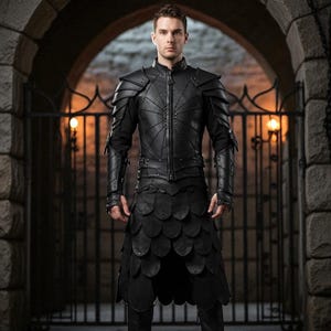 Conjunto de armadura de guerrero de cuero negro hecho a mano: disfraz de cosplay medieval