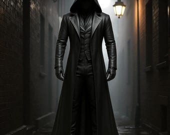 Gothic Assassin Black Leather Outfit: Hooded Coat, Vest & Pants - Custom Made