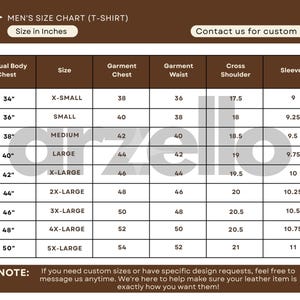 May include: A brown and white size chart for men's t-shirts, displaying measurements in inches. The chart includes sizes from X-Small to 5X-Large, with corresponding chest, waist, shoulder, and sleeve measurements. Text at the top reads "MEN'S SIZE CHART (T-SHIRT)".