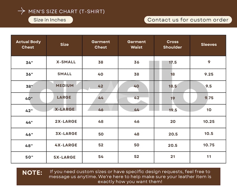 May include: A brown and white size chart for men's t-shirts, displaying measurements in inches. The chart includes sizes from X-Small to 5X-Large, with corresponding chest, waist, shoulder, and sleeve measurements. Text at the top reads "MEN'S SIZE CHART (T-SHIRT)".