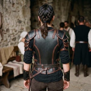 May include: A black leather chest armour piece with brown leather trim and shoulder pauldrons, worn over a black long-sleeve shirt. The armour features adjustable straps, metal buckles, and matching black leather forearm bracers on both arms.