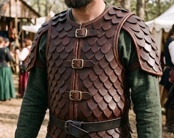 Corazza da uomo in cuoio marrone a scaglie, corazza da guerriero medievale, costume cosplay rinascimentale per LARP fatto a mano