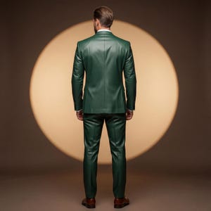 May include: A dark green leather suit, including a jacket and matching pants. The suit is tailored with a classic fit and features a two-button closure on the jacket. The person is wearing a white dress shirt and brown leather shoes. The background is a warm, neutral tone.