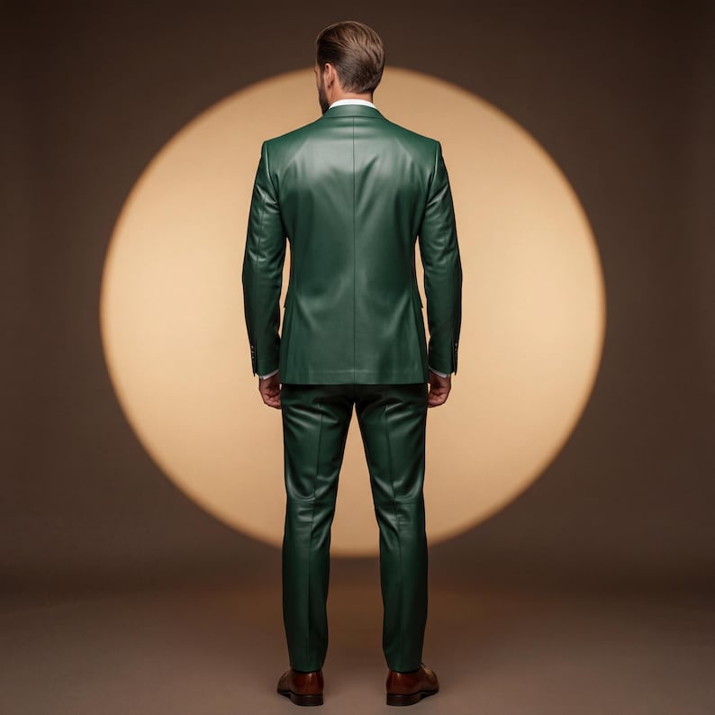 May include: A dark green leather suit, including a jacket and matching pants. The suit is tailored with a classic fit and features a two-button closure on the jacket. The person is wearing a white dress shirt and brown leather shoes. The background is a warm, neutral tone.