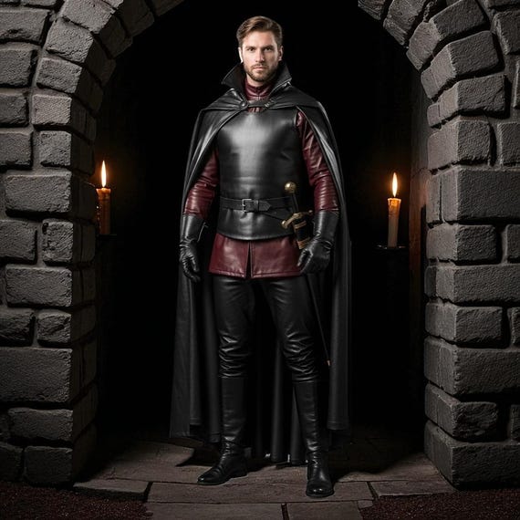 Handmade Black Leather Cloak Set: Gothic Medieval Cosplay Costume