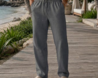 Men's Linen Drawstring Pants, Lightweight Beach Resort Trousers, Relaxed Fit Summer Vacation Wear