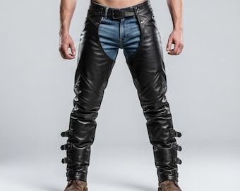 Men's Black Cowhide Leather Biker Chaps | Custom Fit Trousers