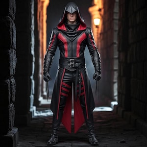 Puede incluir: Un disfraz con capucha negro y rojo con una chaqueta de cuero, pantalones y un abrigo largo. El disfraz presenta detalles rojos en la chaqueta y el abrigo, con un cinturón y guantes. La persona está en un callejón oscuro.