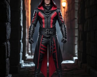 Handmade Black & Red Leather Assassin Outfit: Gothic Cosplay Costume