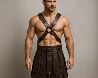 Handmade Leather Gladiator Kilt with Harness: Custom Fit Warrior Costume
