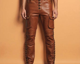 Pantalón cargo de cuero marrón hecho a mano con cordones / Corte ajustado