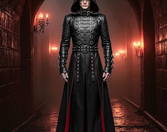 Black Leather Gothic Trench Coat: Red Lined Vampire Cosplay Jacket