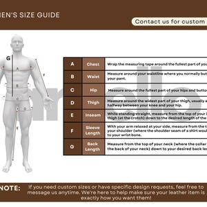 May include: A size guide for men's clothing, featuring a diagram of a male figure with measurement points labeled A through G. The guide provides instructions for measuring chest, waist, hip, thigh, inseam, sleeve length, and back length. Text at the top says "MEN'S SIZE GUIDE".