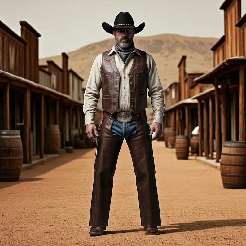 May include: A cowboy in a black hat, brown leather vest, and chaps stands in a dusty western town. The cowboy wears a light-colored shirt, a patterned neckerchief, and a belt buckle. The background features wooden buildings and barrels.