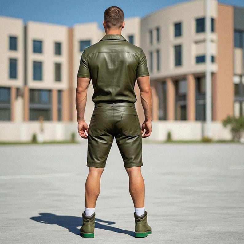 May include: Olive green leather shirt and shorts set. The short-sleeved shirt has a collared neckline and button-up front. The shorts are knee-length. The person is wearing olive green boots with green soles and white socks.