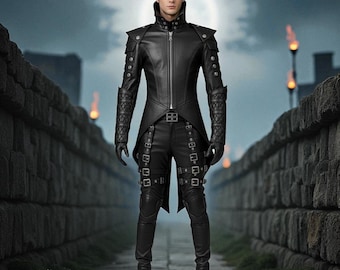 Handmade Gothic Leather Coat & Pants Set: Steampunk Cosplay Outfit