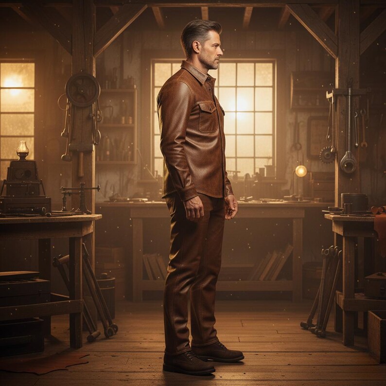 May include: A man in a brown leather shirt and matching pants stands in a workshop. The shirt has two chest pockets and buttoned cuffs. The workshop has wooden tables, tools, and a window with natural light.