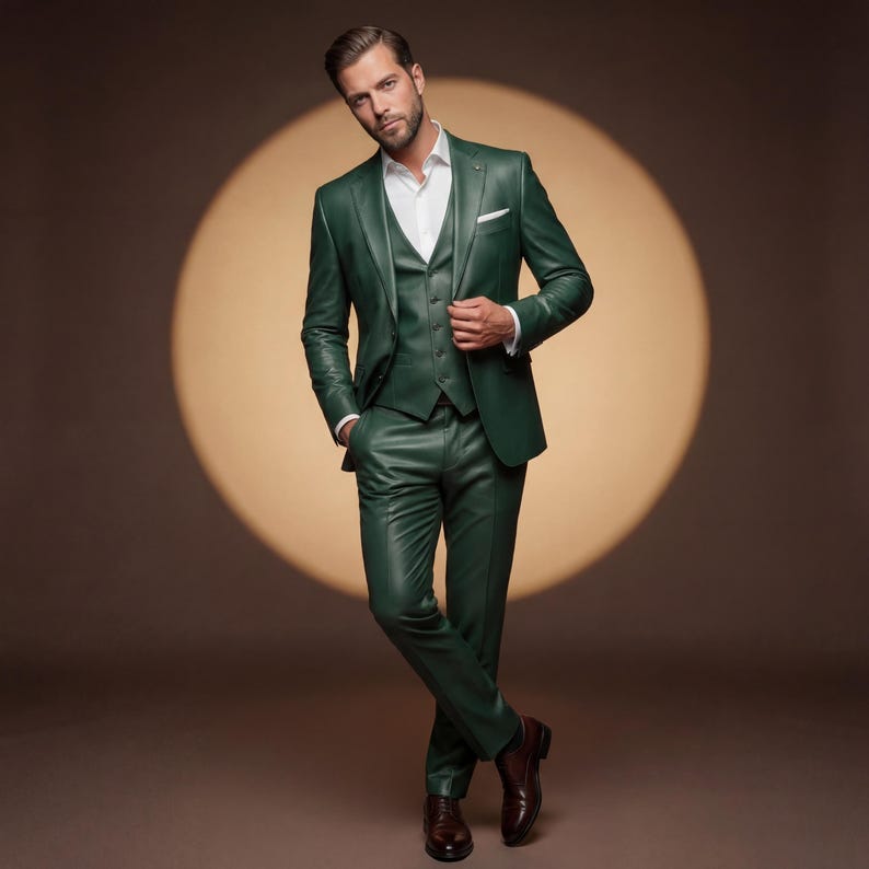 May include: A three-piece, emerald green suit with a white dress shirt. The suit includes a jacket, vest, and trousers. The man is wearing brown leather dress shoes. The background is a warm brown with a circular spotlight.