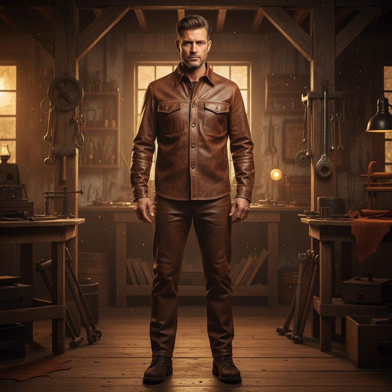 May include: A brown leather shirt and pants outfit. The shirt has two chest pockets and button closures. The outfit is worn with matching brown leather boots. The background is a workshop with tools and wooden tables.