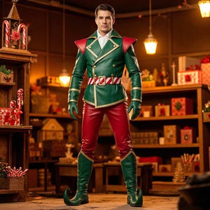 May include: A festive green and red outfit, featuring a double-breasted jacket with gold trim, red pants, and pointed green boots. The ensemble includes a striped belt and matching gloves. The outfit is reminiscent of a holiday elf costume.