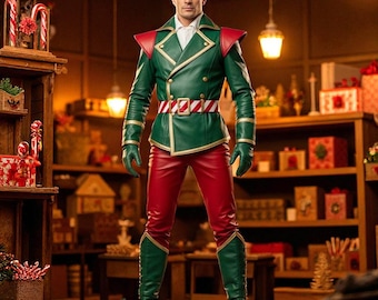 Può includere: Un completo festivo verde e rosso, con una giacca doppiopetto con finiture dorate, pantaloni rossi e stivali verdi a punta. L'ensemble include una cintura a righe e guanti abbinati. L'outfit è un costume da elfo natalizio.