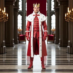 Disfraz de rey de cuero rojo hecho a mano: atuendo medieval para cosplay con capa de piel sintética.