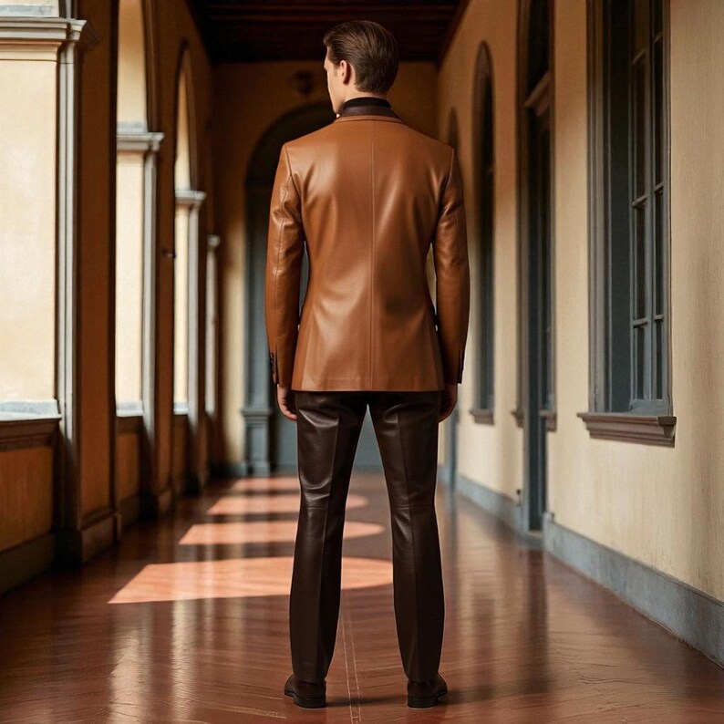 May include: A brown leather blazer and matching pants. The blazer has a classic design with a tailored fit. The pants are a similar shade of brown and have a sleek, modern cut. The outfit is worn in a long hallway with arched doorways and windows.