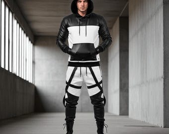 Men’s Black and White Hoodie & Pants | Futuristic Streetwear Outfit | Handmade Festival Dance Costume