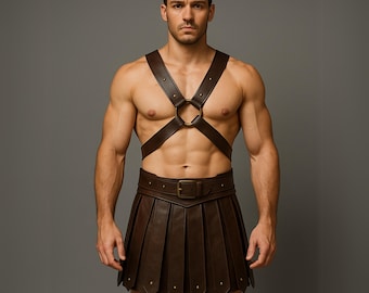 Handmade Leather Gladiator Kilt with Harness: Cosplay Costume